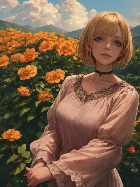 anime girl in a field of flowers with a mountain in the background