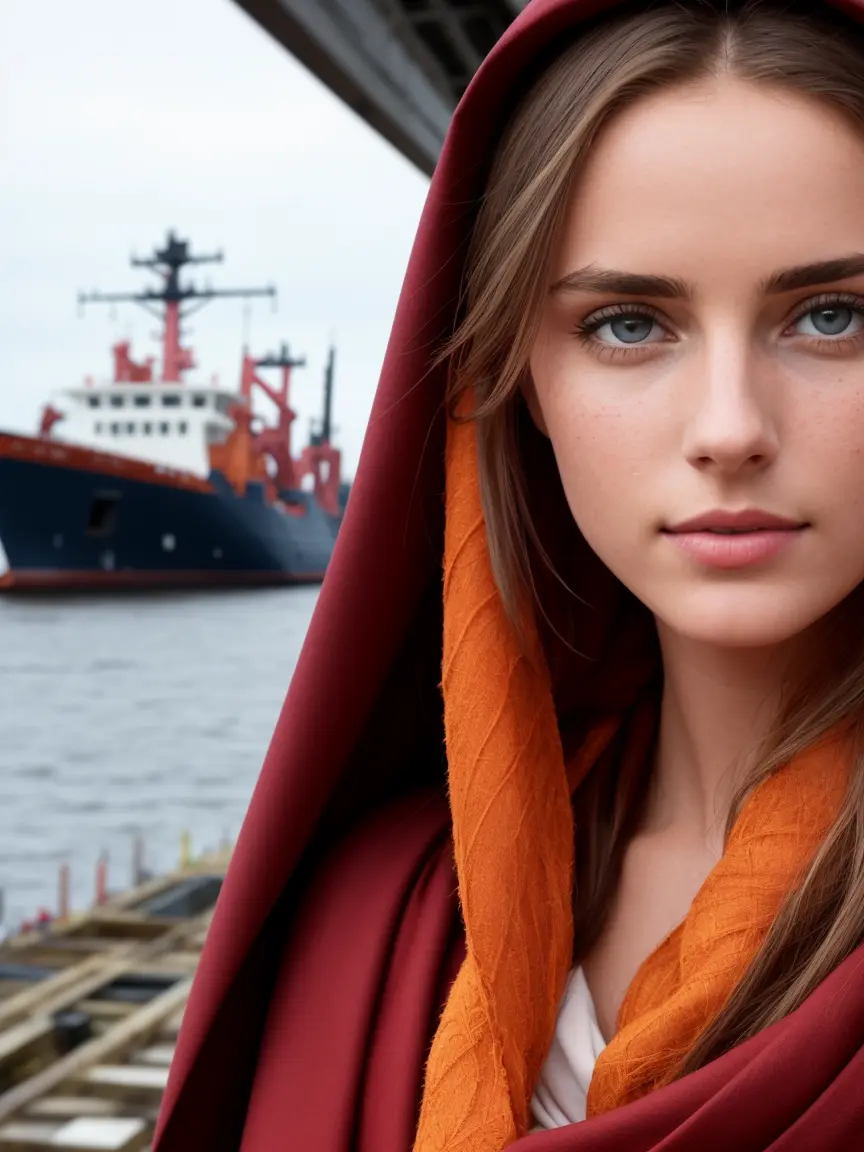 arafed woman in a red cloak and orange scarf standing by a body of water