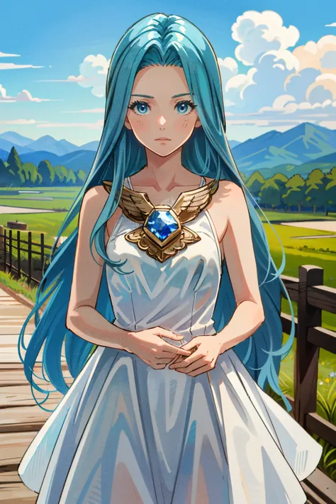 a woman with blue hair and a necklace standing on a bridge