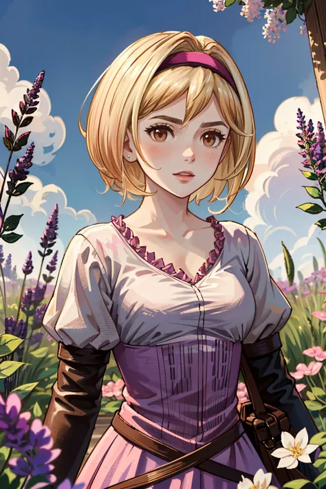 a woman in a purple dress standing in a field of flowers