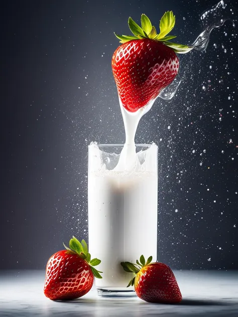 product photography of a strawberries fall into a glass of milk, intricate, epic, highly detailed, vibrant, food photography, ep...