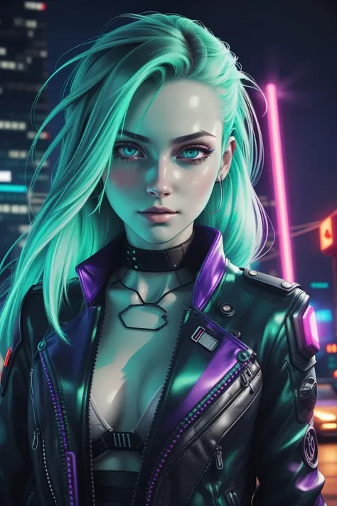 girl, prettify,cyberpunk,futuristic,glow,glowing,night,street,green_hair,collected_hair , (masterpiece,detailed,highres:1.4)