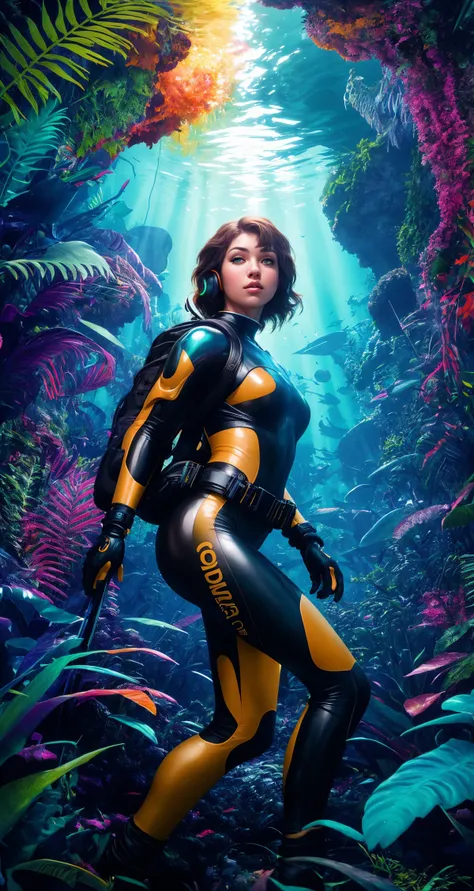 A daring female explorer, traversing the depths of a vibrant, alien jungle teeming with fascinating, never-before-seen creatures
([Olga Kurylenko|Phoebe Cates|Milla Jovovich]:0.8), 
Green eyes, detailed clothes, skinny, shinny glossy skin, subsurface scatt...