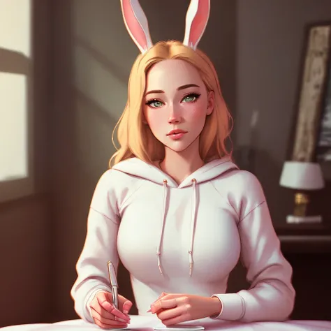 young girl in white hoodie, home atmosphere, pastel colors, sweet face, (looking at viewer:1.25), (rosy cheeks:1.25), (detailed face and eyes:1.25), blonde hair, (bunny ears:1.1), a mug of tea on the nightstand, (sitting in the lotus position on the bed:1.3), (relaxed look:1.1), (hands behind your back:1.2),
winter outside the window, sharp focus illustration, Dramatic lighting, Intricate, High detail, detailed realistic face, cinematic shot, (masterpiece:1.1), (highest quality:1.1), (sharp focus:1.2), (western comic style), (dreamlikeart style:1.1),( redshift style:1.2),(analog style:1.2),(mdjrny-v4 style:0.9), (studio_ghibli_anime_style style:0.9), (copeseethemald style:0.5),(thepit bimbo:1),(glossy sexy bimbo:1)