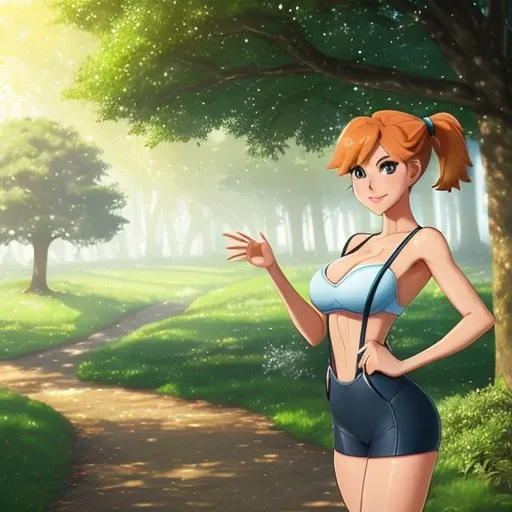 misty from pokemon, high detailed face, cleavage , closeup, nude, porn, nsfw, upper body portrait , 1girl, ;d, against_tree, anime_coloring, bare_arms, bare_tree, blurry, blurry_background, blurry_foreground, bush, christmas_tree, collarbone, day, depth_o...