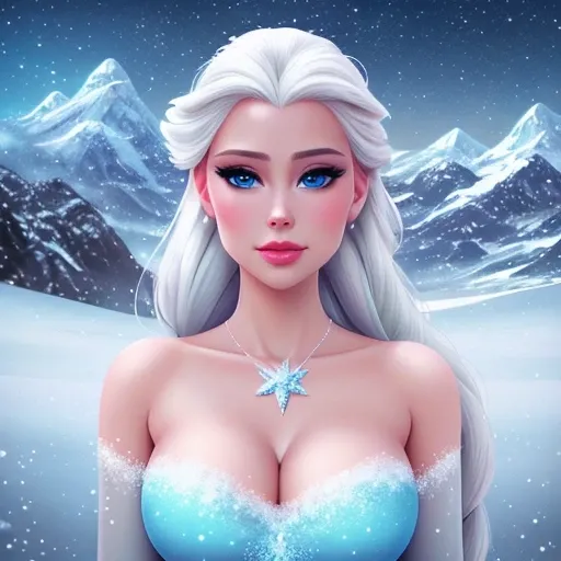 Portrait shot, elsa from frozen holding a star in her hand and a mountain in the background with snow flakes on it, disney, snow, a detailed matte painting, magical realism, disney artwork, (dreamlikeart style:1.0), ( redshift style:1.0), (analog style:1...