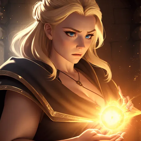 Arcane, 8K, photo shot from the front, highly-detailed, girl with an intense expression, wearing a medieval-style mage robe, blonde hair styled in a bun, cleavage, [Gandalf|Merlin], hand casting a blazing fireball, surrounded by magical energy