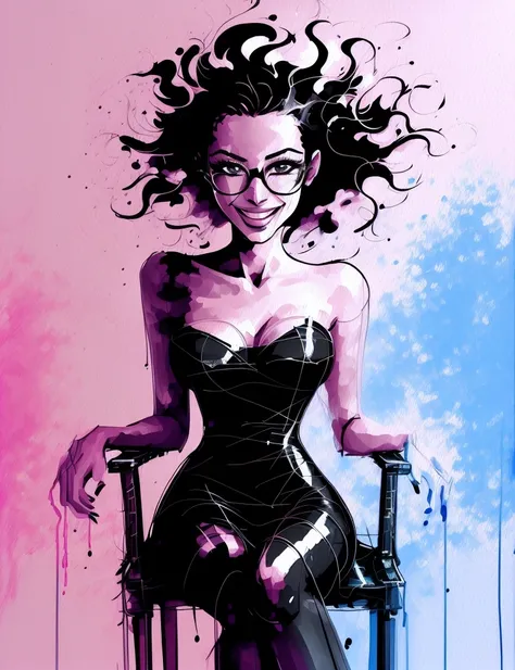 ((speed painting:1.4)), (vector:1.4), (gouache:1.2), (high contrast:1.2), a women wearing a black latex dress, sadistic smile, glasses, black hair, wild unkempt hair, (dominate pose:1.2), puffy lips, sitting on a chair
