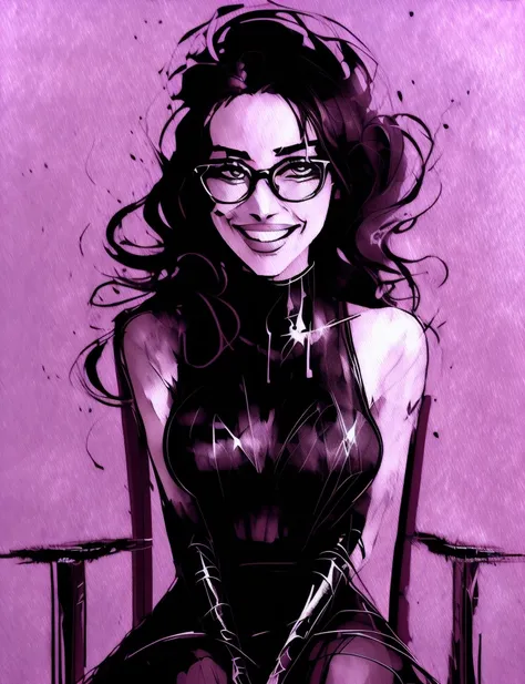 ((speed painting:1.4)), (vector:1.4), (gouache:1.2), (high contrast:1.2), a women wearing a black latex dress, sadistic smile, glasses, black hair, wild unkempt hair, (dominate pose:1.2), puffy lips, sitting on a chair