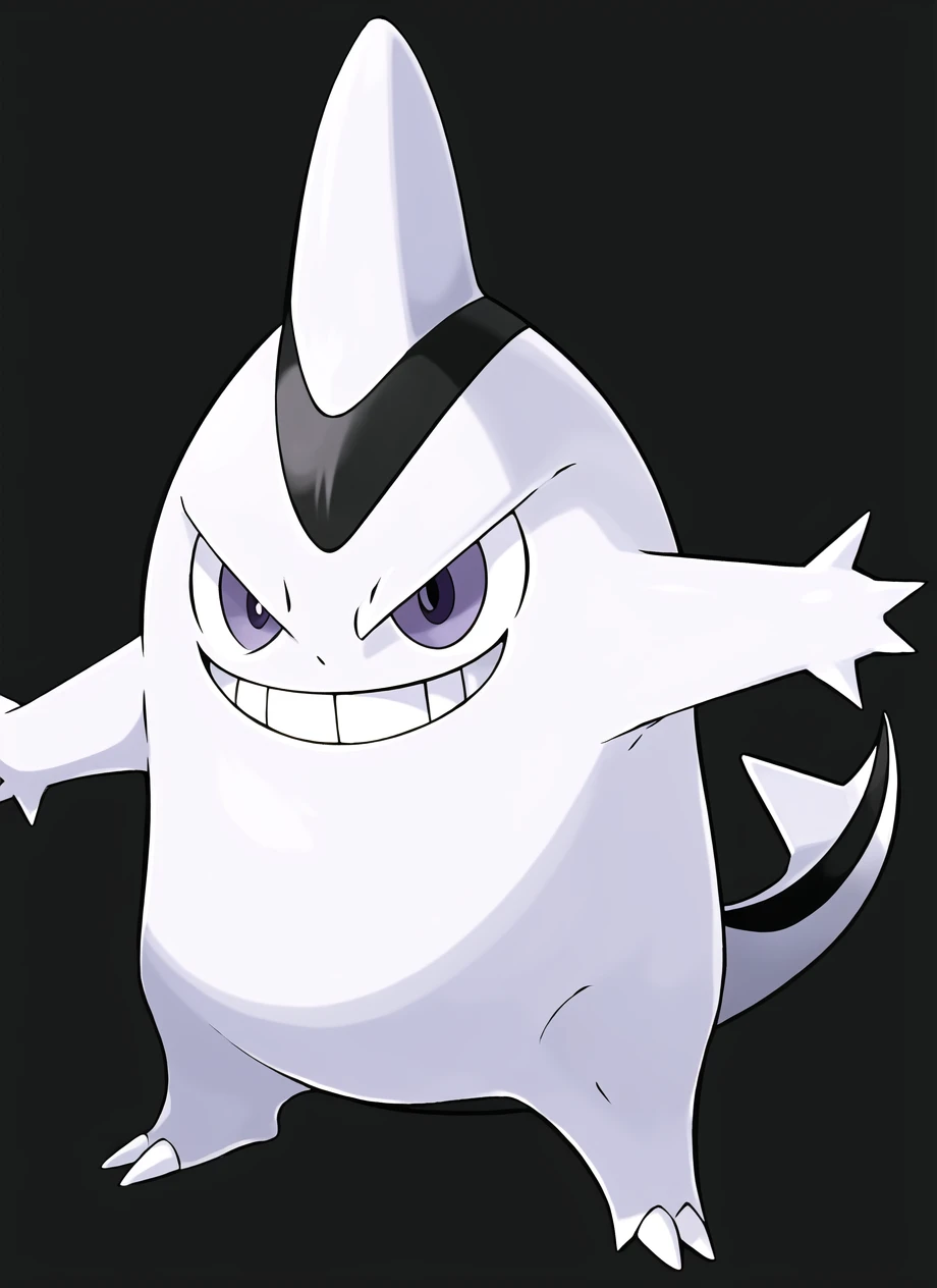 sugimori ken (style), ghost  and ground pokemon (creature), full body, gengar, marowak, solo, grin, half-closed eye, happy, highres, no humans, other focus, pokemon, purple eyes, simple background, smile, solo, standing, teeth, uneven eyes, white backgroun...