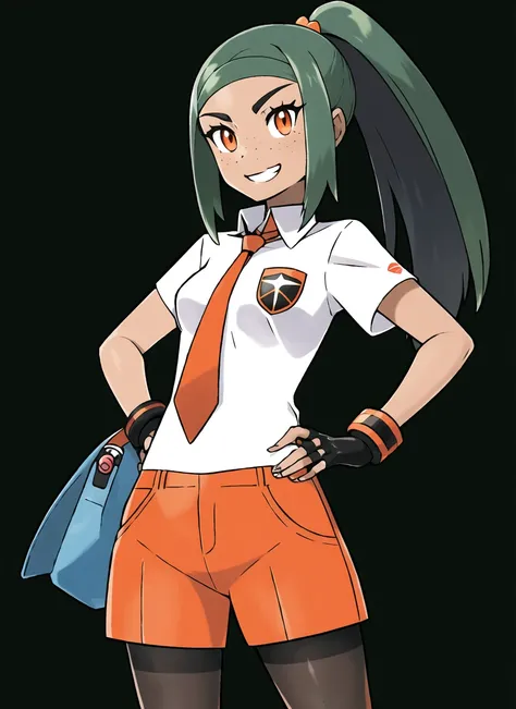 sugimori ken (style), 1girl, bag, black hair, breasts, creatures (company), dark-skinned female, dark skin, fingerless gloves, freckles, game freak, gloves, green background, green hair, grin, hand on hip, holding, holding poke ball, long hair, multicolore...