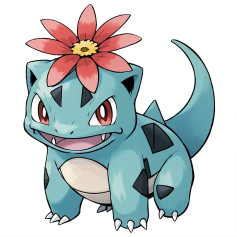 sugimori ken (style), bulbasaur, solo, looking at viewer, smile, open mouth, flower on back, red eyes, full body, :d, no humans, pokemon (creature), fangs, happy, claws, bright pupils, white pupils, white background, ((masterpiece)) <lora:pokemon_v3_offset...