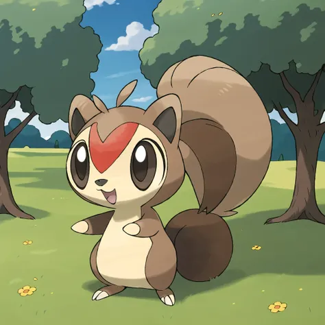 <lora:pokemon_v4_mix_outin:1> electric and fairy type pokemon, white chubby squirrel Pokmon with black stripes on its back, long pointed ears with black tips, red cheeks, and a squirrel shaped tail, ((masterpiece)), outdoors, grass, detailed, best quality