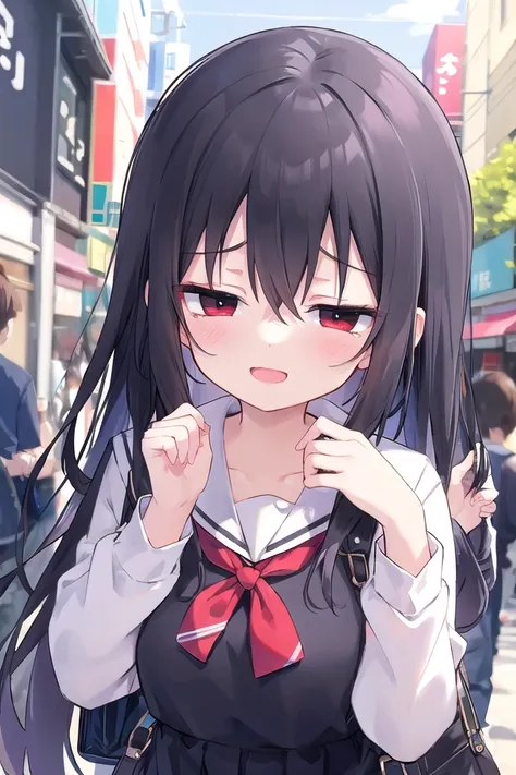 anime girl with long black hair and red eyes walking down a street