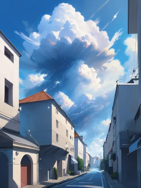 digital painting, arcane, noon, blue sky, clouds scenery, in a Urban Area<lora:EnvyArcaneXL01:0.25>