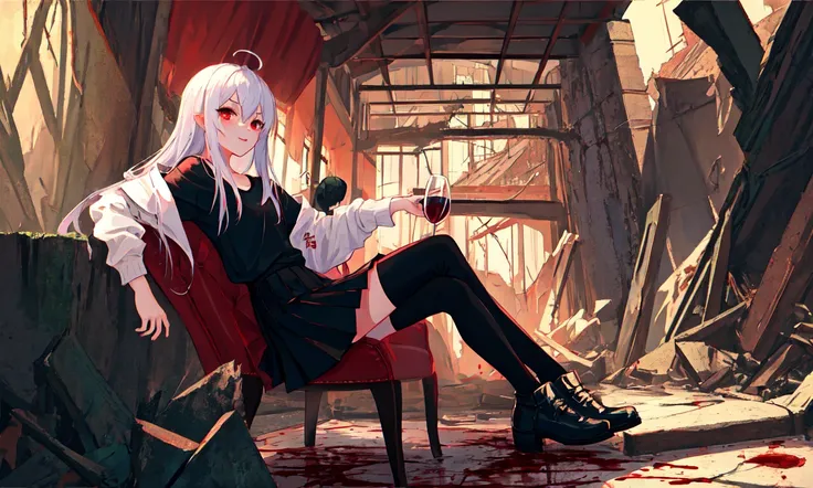 colorful,best quality,small details,high resolution,illustration,rule of thirds,(girl), crossing_legs,shiny,fine-tuning face,fuzzy long hair,red eyes,perfect composition,white jacket and black shirt,black skirt,spot lighting,blood,flos,vampire,detailed (sp...