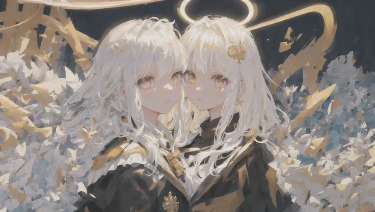masterpiece, best quality, ultra-detailed, illustration, close-up, straight on, face focus, white hair, golden eyes, long hair, halo, serene expression, looking at viewer,two girls,close togather