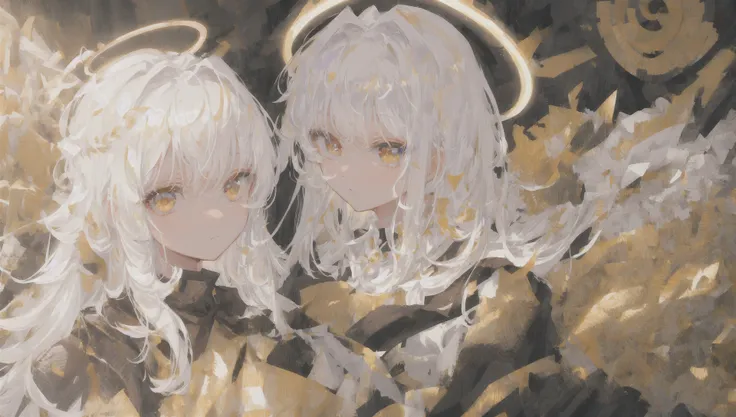 masterpiece, best quality, ultra-detailed, illustration, close-up, straight on, face focus, white hair, golden eyes, long hair, halo, serene expression, looking at viewer,two girls,close togather