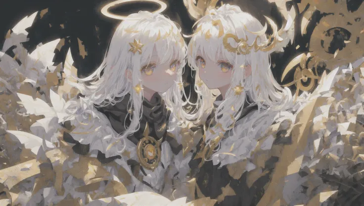 masterpiece, best quality, ultra-detailed, illustration, close-up, straight on, face focus, white hair, golden eyes, long hair, halo, serene expression, looking at viewer,two girls,close togather