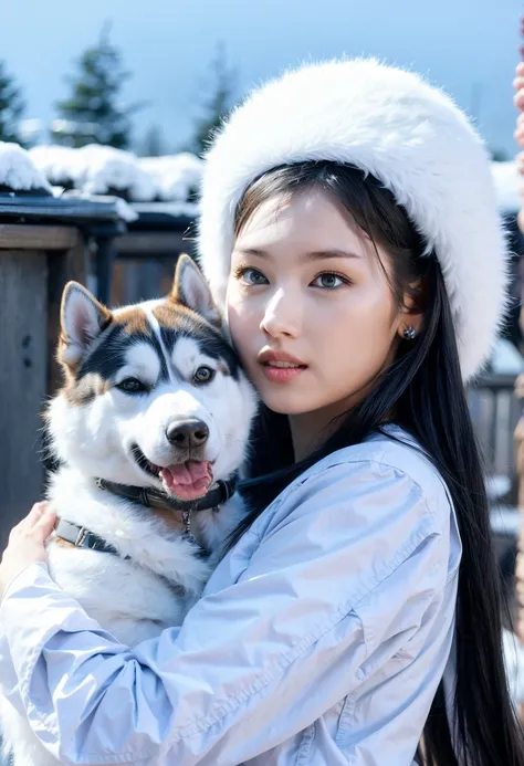 A girl next to a husky dog, green eyes, long hair, soft face, face details:1.7, <lora:add_detail:0.6>, outside, snow, <lora:Sana-03:1>