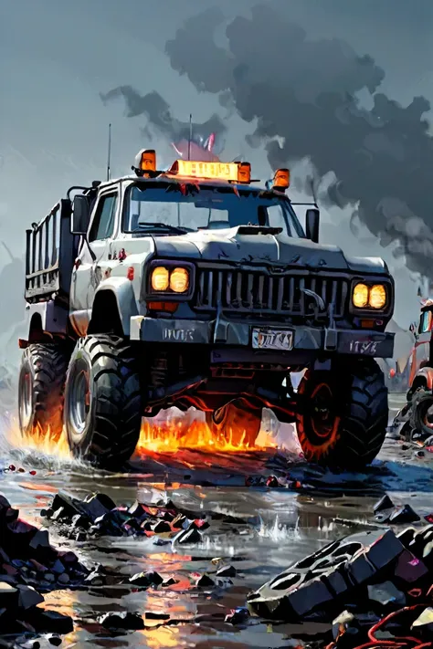 painting of a large truck driving through a muddy field with a fire