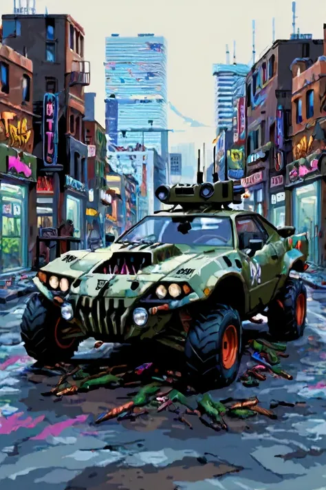 Dvd screengrab, from 1985 dark fantasy film art, Twisted Metal style vehicle converted to war, loaded with weapons, (battlecar:1.1), (snowmobile:1.08), (painted camo dip:1.05), vehicle focus, no humans, car, wheel, tire, debris, holographic decals, city st...