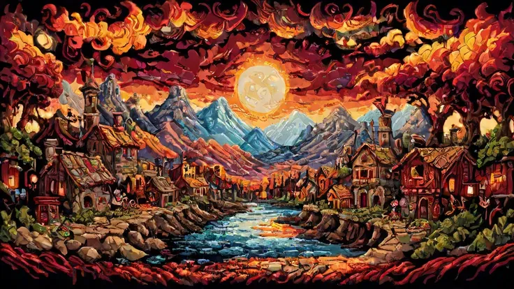 a painting of a mountain village with a river and a full moon