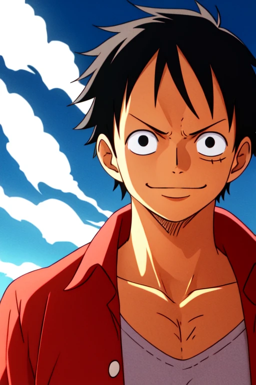 1boy, wanostyle, monkey d luffy, smiling, straw hat, looking at viewer, solo, upper body, ((masterpiece)), (best quality), (extr...