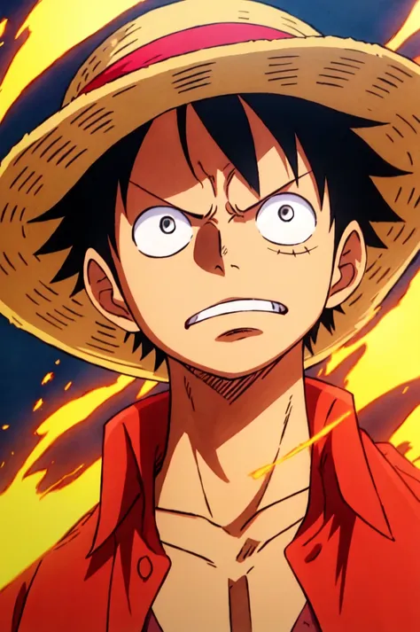 1boy, wanostyle, monkey d luffy, angry looking, straw hat, looking at viewer, solo, upper body, (((masterpiece))), ((best qualit...