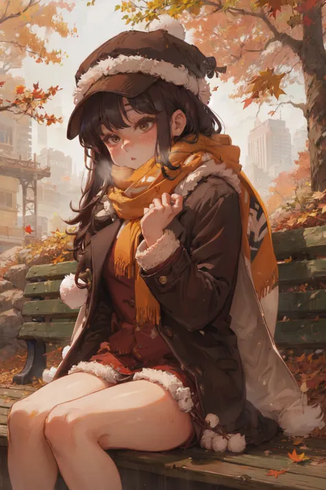 a woman sitting on a bench in the fall with a hat and scarf