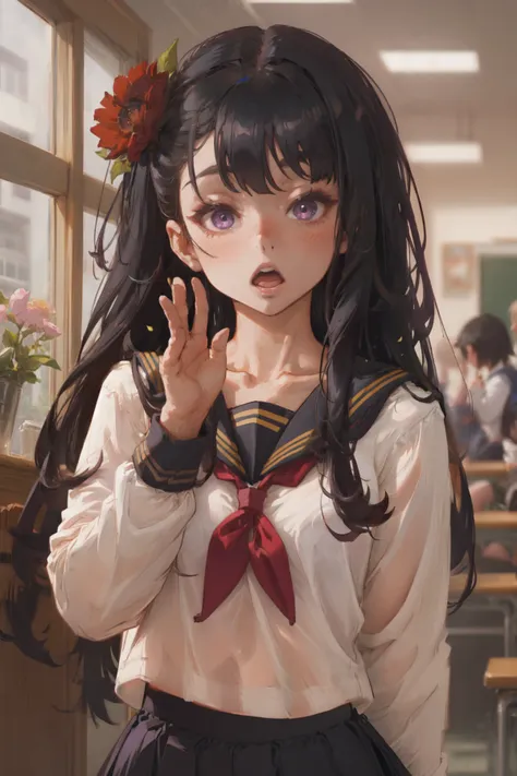 anime girl with long black hair and a white shirt and red bow