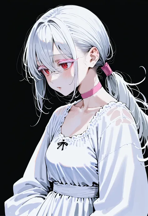 score_9, score_8_up, score_7_up, 1girl, upper body, white hair, albino, makeup, blush, eyeshadow, pink choker, colored eyelashes...