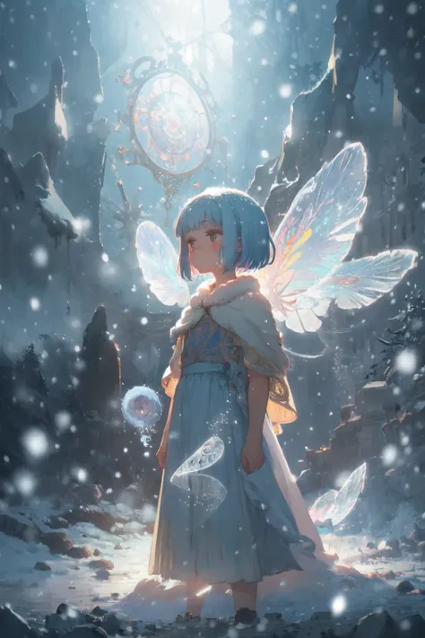 a girl with blue hair and a white dress stands in the snow