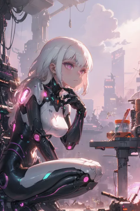 a woman in a futuristic suit sitting on a table