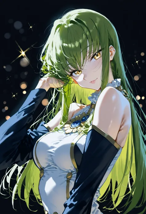 score_9, score_8_up, score_7_up, 1girl, c.c., code geass, armpit crease, bare shoulders, black background, black sleeves, bokeh,...