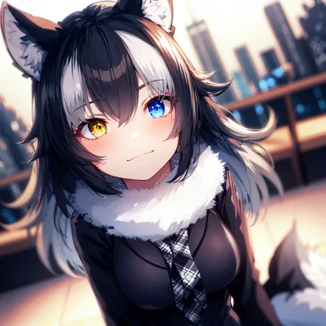 (masterpiece, best quality, high resolution, distinct image), cinematic lights, 1girl, grey wolf \(kemono friends\), heterochrom...