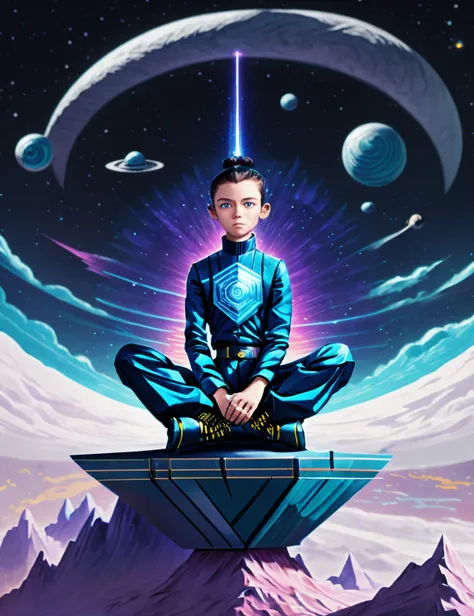 a painting of a boy sitting on top of a mountain with a spaceship in the background