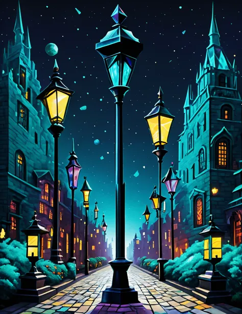 a cartoon illustration of a street with a lamp post and buildings