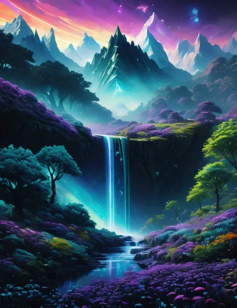 a painting of a waterfall in a purple forest with mountains in the background