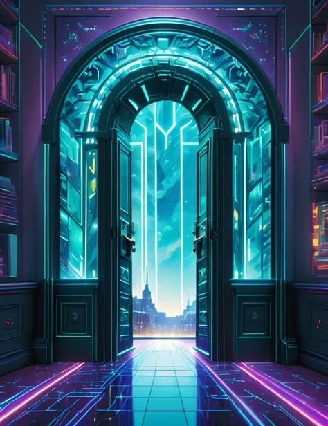 a room with a door and a neon light in the middle