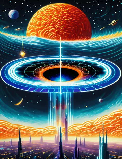 a painting of a futuristic city with a giant disk in the middle