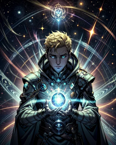 a man in armor holding a crystal ball in front of a star filled sky