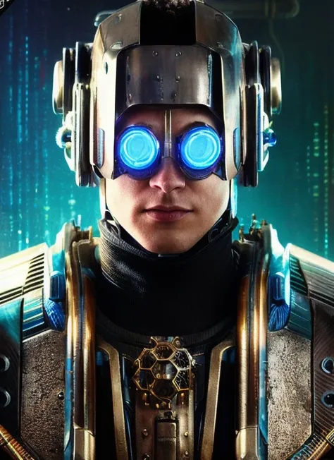 scifi style,(a realistic scifi cyberpunk knight),((steam punk)), (neon cyberpunk background), closeup portrait art by donato gia...