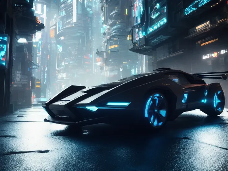 dark photo of single futuristic  metallic texture cyberpunk flying car with futuristic cyberpunk landscape, cinematic concept ar...