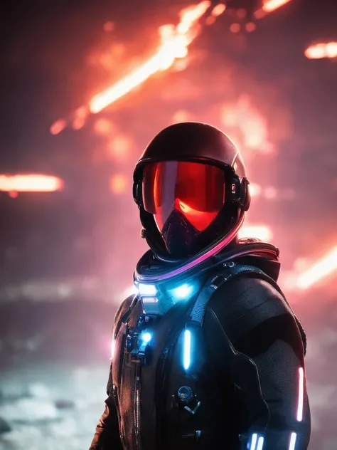 scifi style photo of death Stranding scenery, anatomically correct human male figure in astronaut suit in field facing forward helmet glowing pink, dynamic lighting, hyper detail features, ray tracing, high flare, 3D, cinematic lighting, dark shadows, unre...
