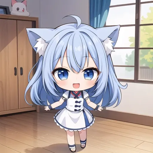 anime character with blue hair and white dress in a room