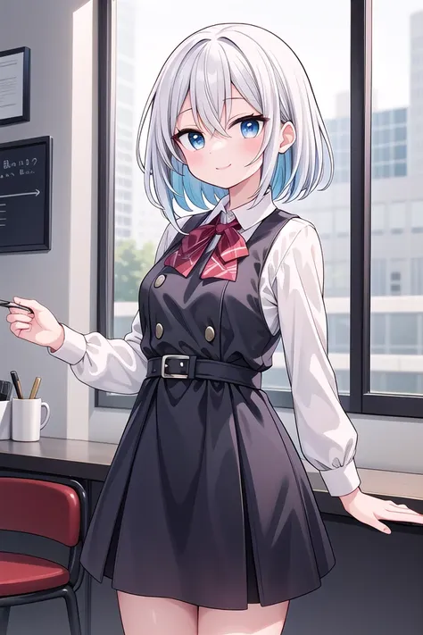 anime girl in a school uniform holding a cell phone