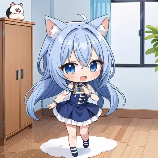 anime girl with blue hair and blue eyes in a room