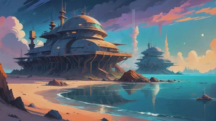 a painting of a futuristic city on a beach with a boat in the water