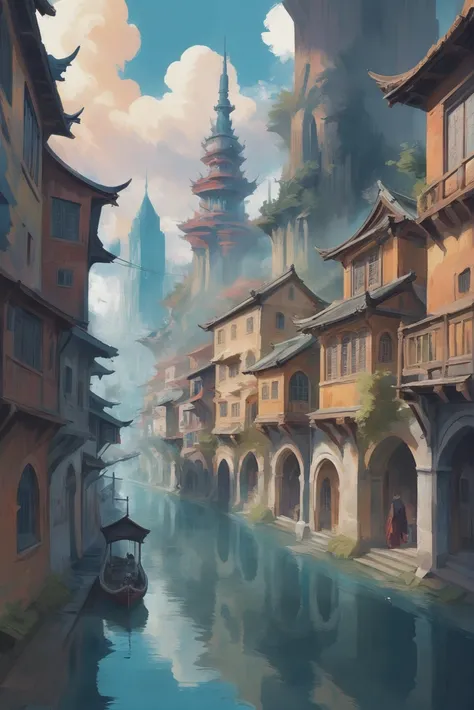 a painting of a river with buildings and a boat in it